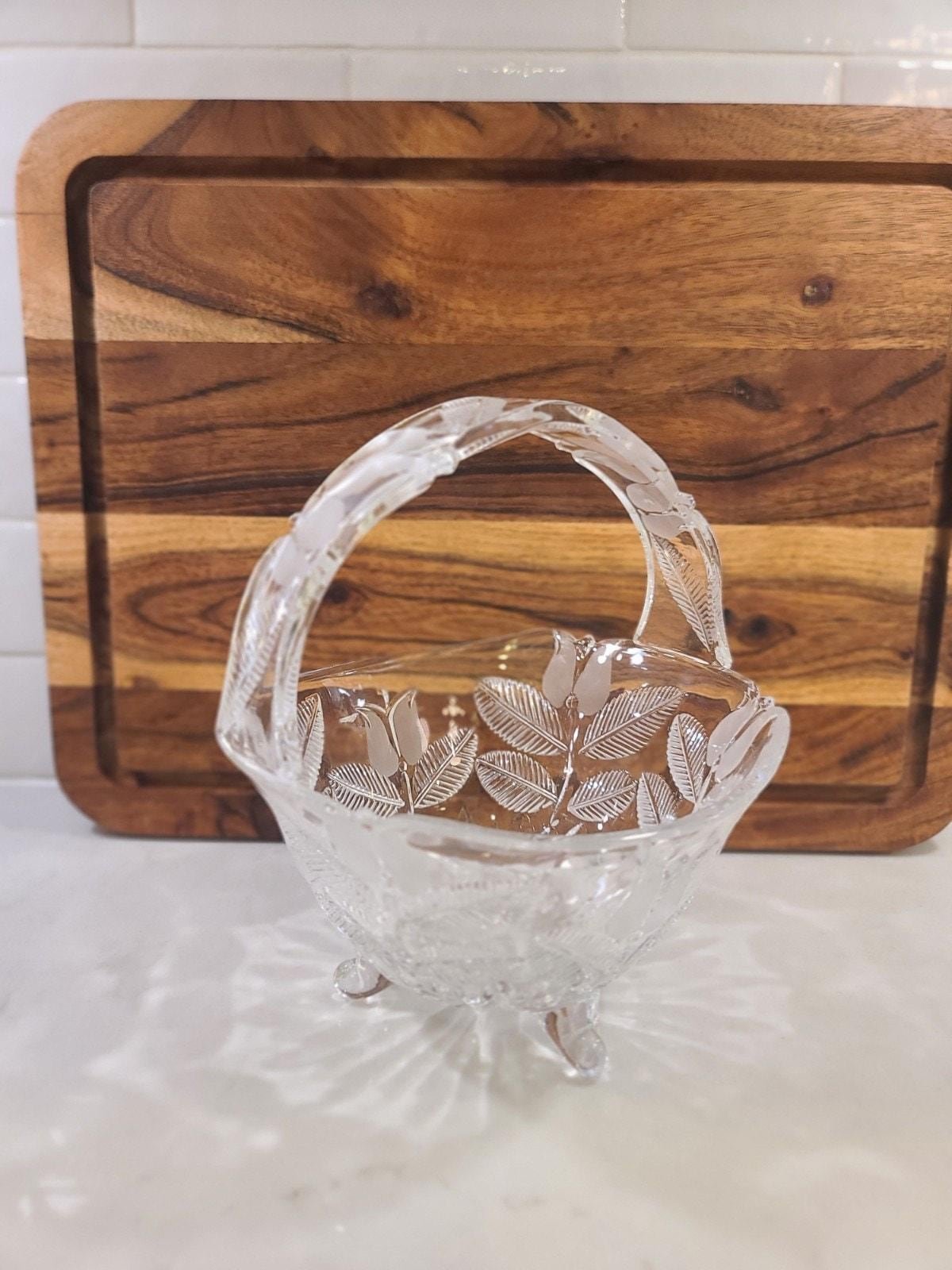 Vintage Polish Lead Crystal Basket Bowl, Frosted Tulip Pattern with Handle, 3-Footed Bridal Centerpiece - Image 2