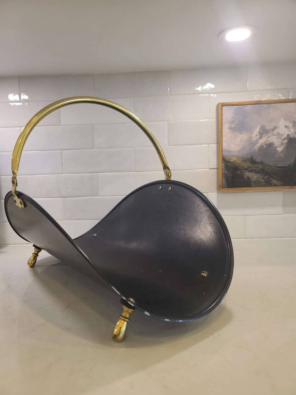 MCM Mid-Century Black and BRASS Log Firewood Holder Carrier Footed, 14” x 20” - Image 2