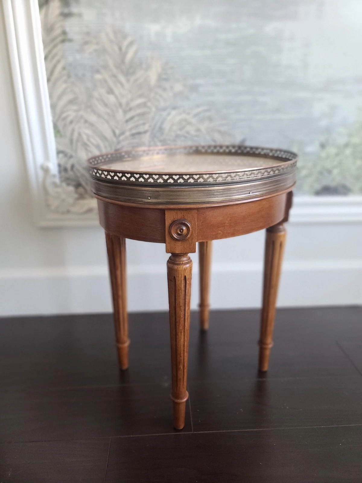 Vintage French Louis XVI Style Marble Top Side Tables Brass Gallery Hearts - Image 3