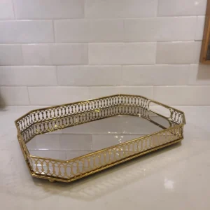 BRASS FINISH HEXAGON MIRRORED TRAY VANITY PERFUME CHIC LUXURY Gallery Display