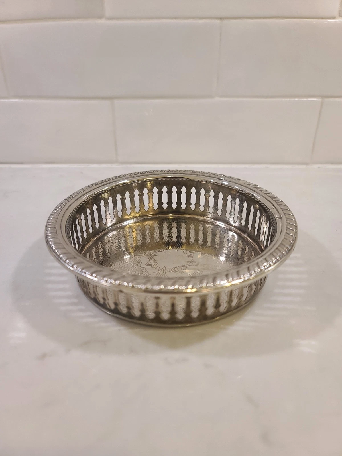 Vintage Silver Plate Round Gallery Bottle Coaster Pierced Filigree Monogram LS - Image 5