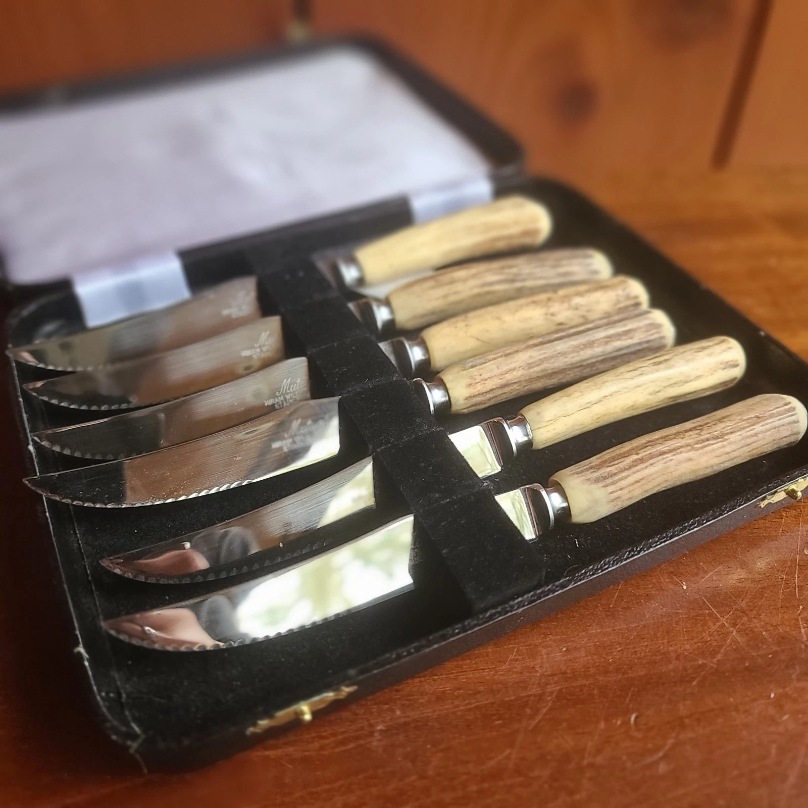 Vintage Mutual Hiram Wild Sheffield Stag Horn Antler Steak Knife Set 6pc Box NOS - Image 8