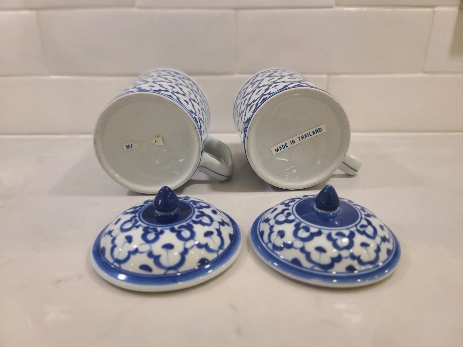 Chinese Thai Pattern Lidded Tea Mug Vintage 70’s Blue and White Ceramic Cups Set - Image 4