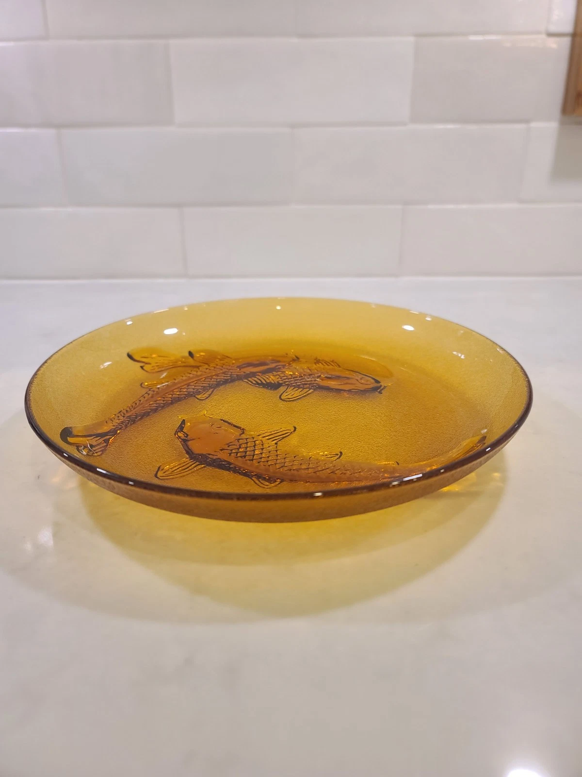 Vintage Amber Glass Koi Fish Dish / Plate – Pressed Glass, Made in Indonesia - Image 7