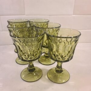 Vintage MCM Noritake Perspective Avocado Green Water/ Wine Goblets Set Of (6)