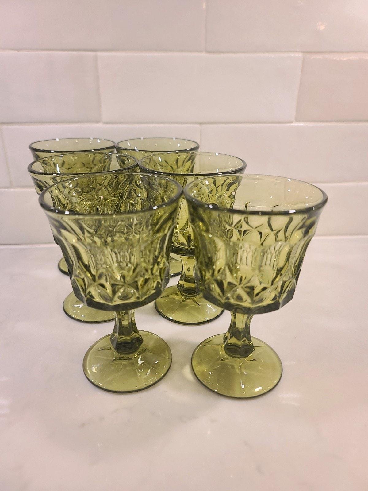 Vintage MCM Noritake Perspective Avocado Green Water/ Wine Goblets Set Of (6)