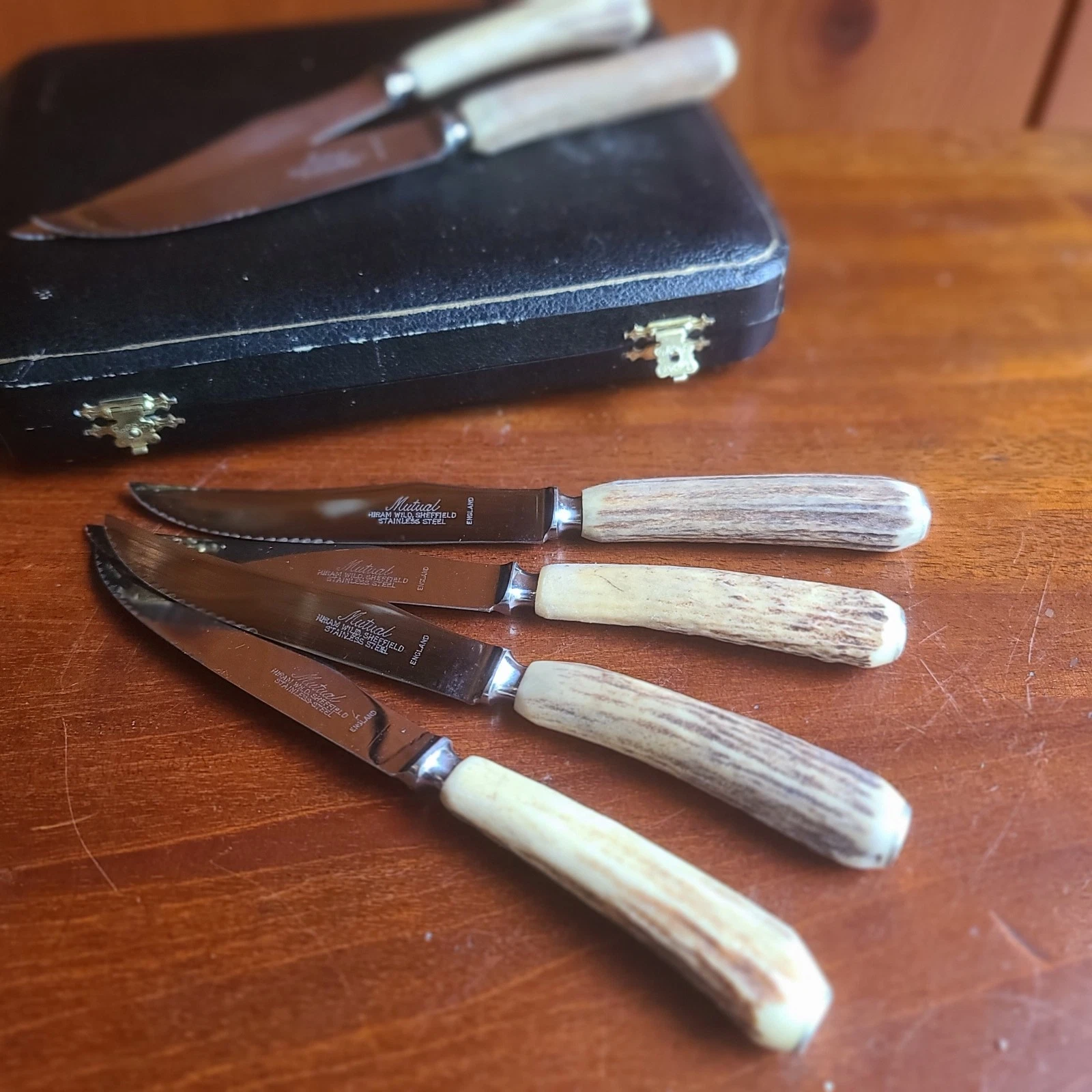 Vintage Mutual Hiram Wild Sheffield Stag Horn Antler Steak Knife Set 6pc Box NOS - Image 4