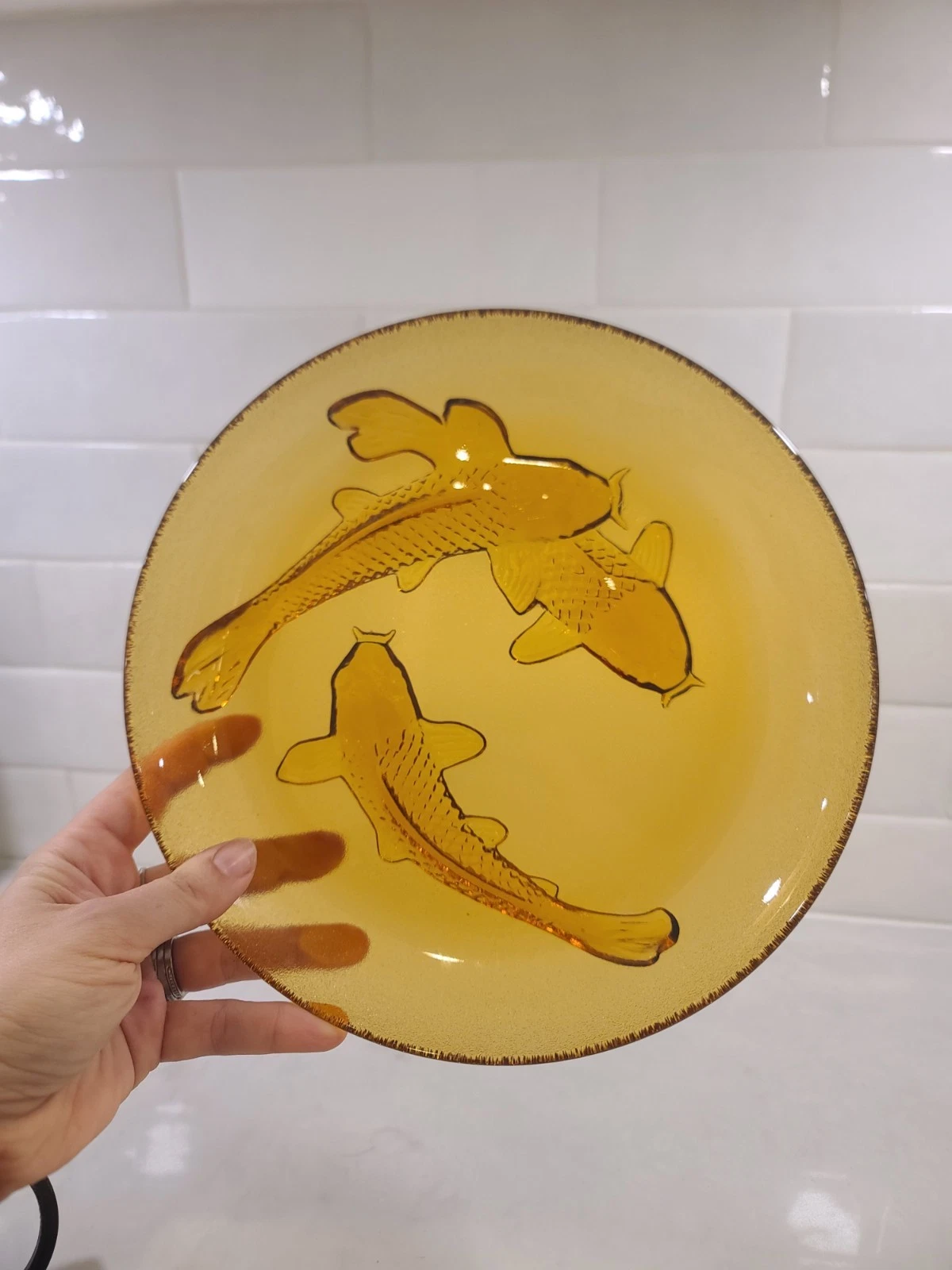 Vintage Amber Glass Koi Fish Dish / Plate – Pressed Glass, Made in Indonesia
