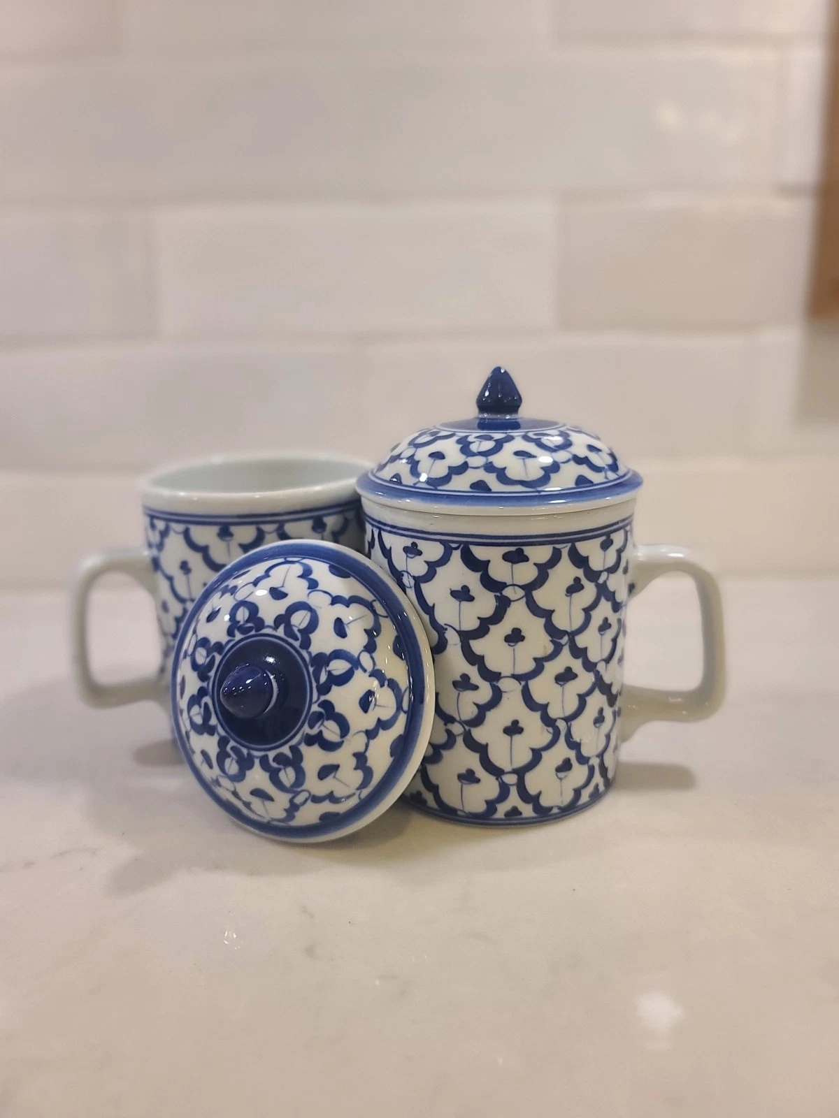 Chinese Thai Pattern Lidded Tea Mug Vintage 70’s Blue and White Ceramic Cups Set - Image 7