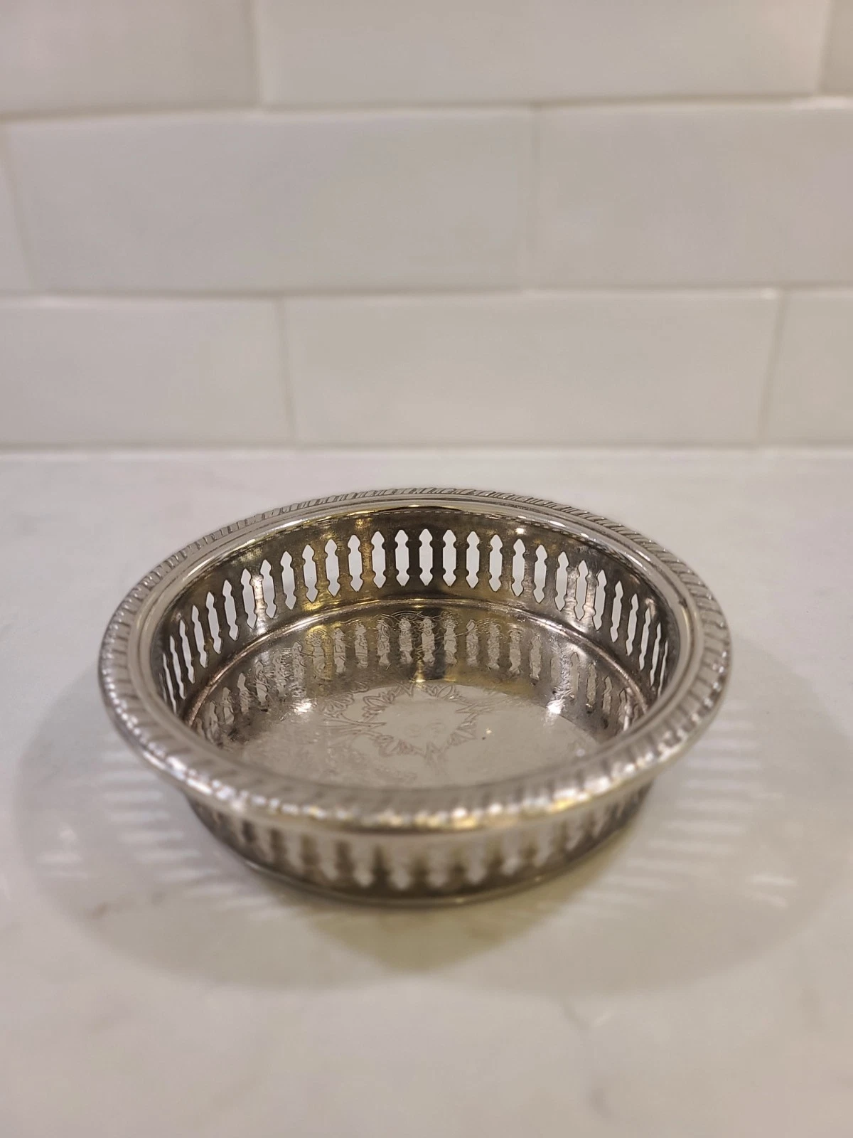 Vintage Silver Plate Round Gallery Bottle Coaster Pierced Filigree Monogram LS - Image 2