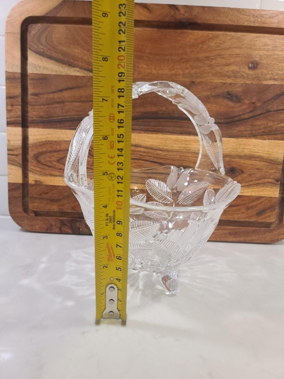 Vintage Polish Lead Crystal Basket Bowl, Frosted Tulip Pattern with Handle, 3-Footed Bridal Centerpiece - Image 8