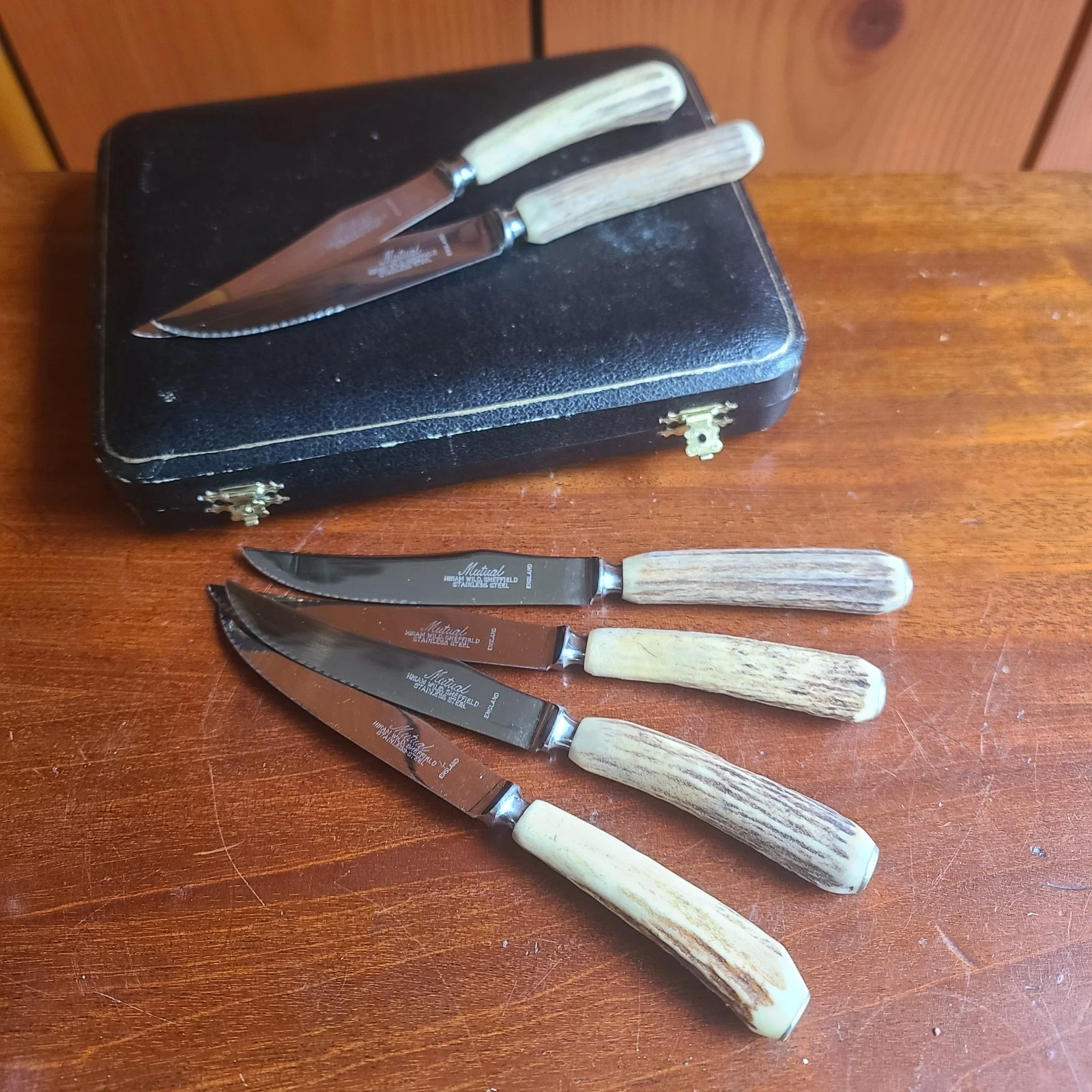 Vintage Mutual Hiram Wild Sheffield Stag Horn Antler Steak Knife Set 6pc Box NOS - Image 3