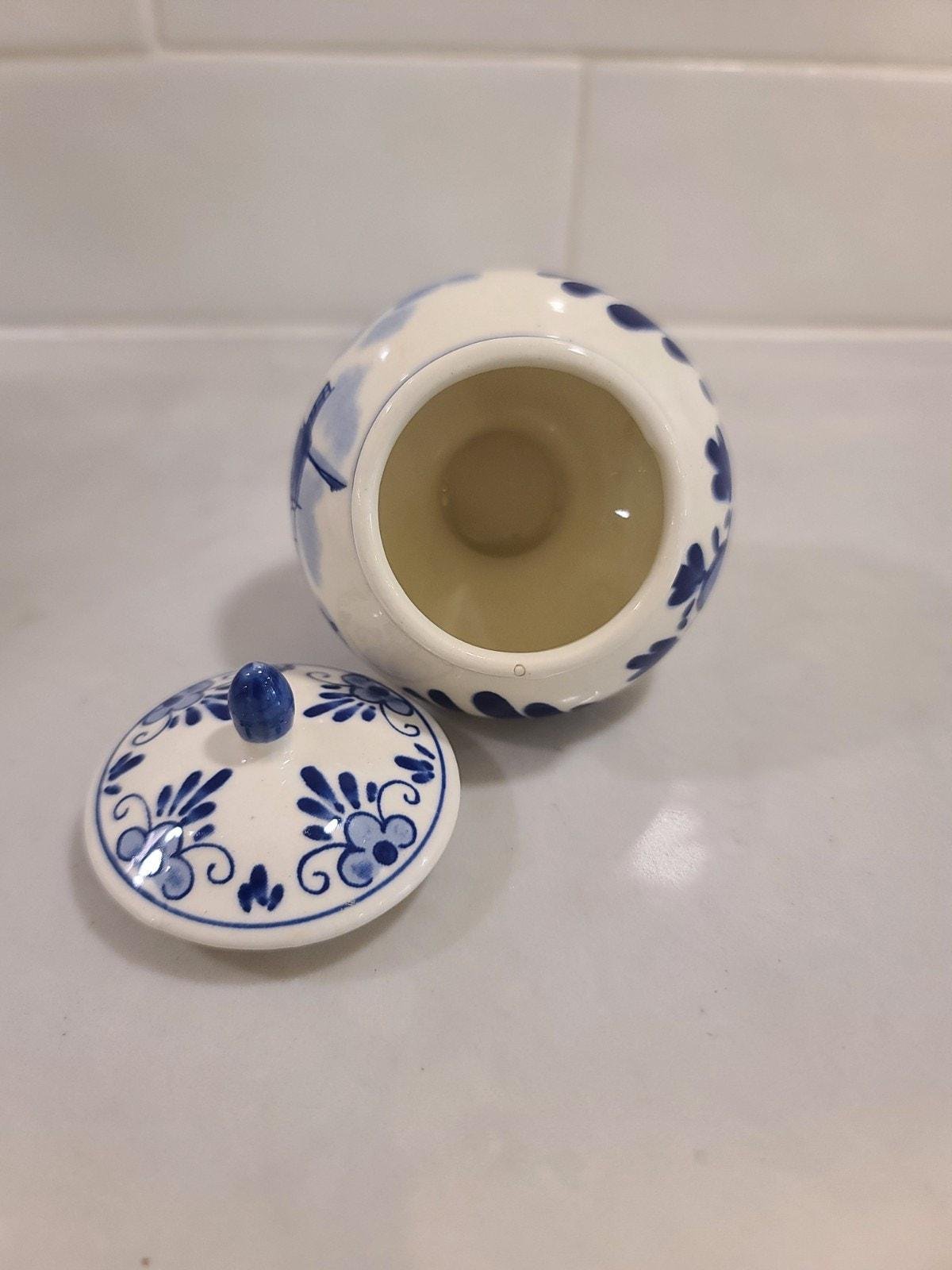 auth vtg delft blue holland hand-painted sugar bowl trinket jar box urn 3.5” - Image 7