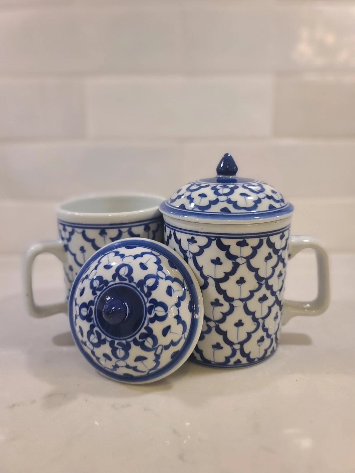 Chinese Thai Pattern Lidded Tea Mug Vintage 70’s Blue and White Ceramic Cups Set - Image 8