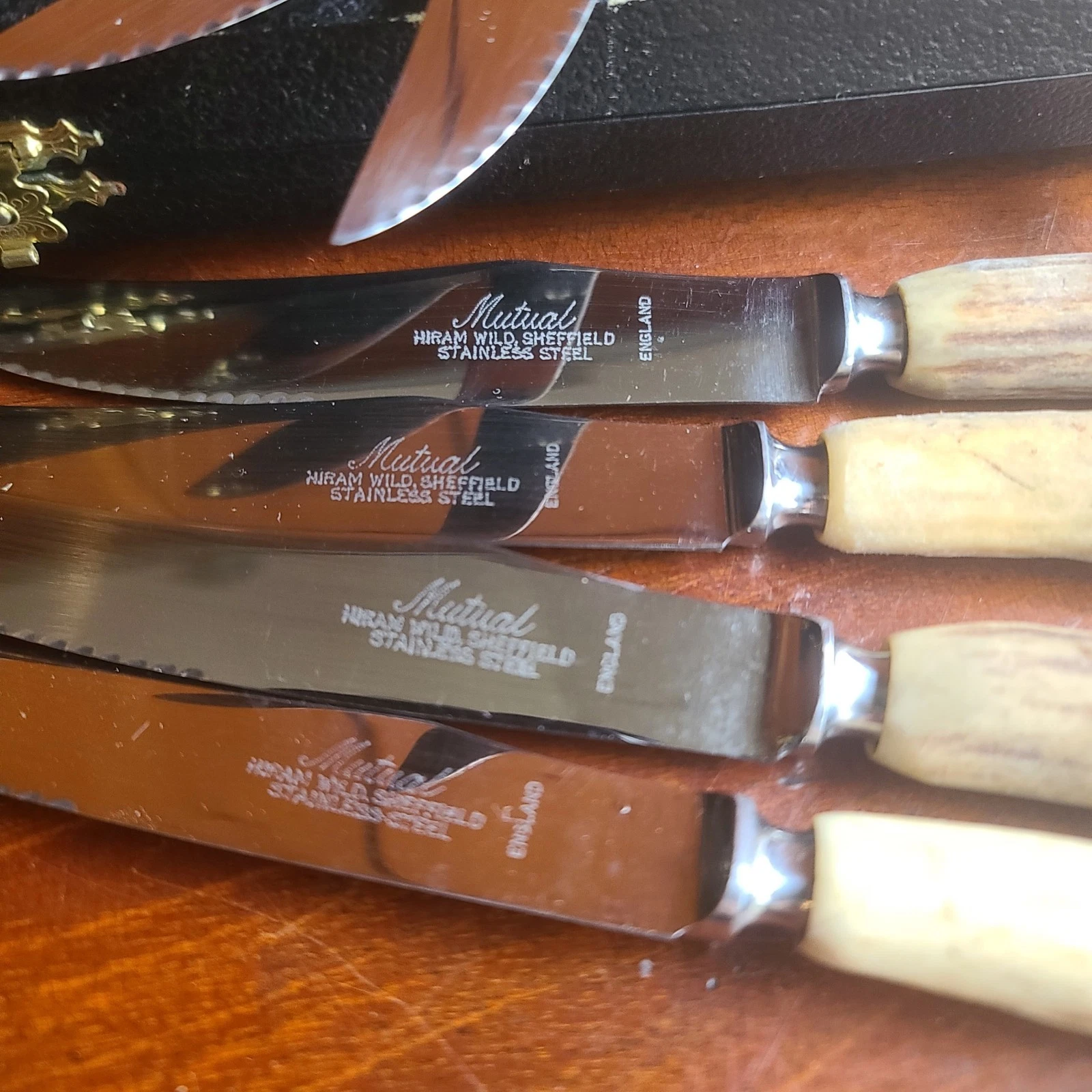 Vintage Mutual Hiram Wild Sheffield Stag Horn Antler Steak Knife Set 6pc Box NOS - Image 6