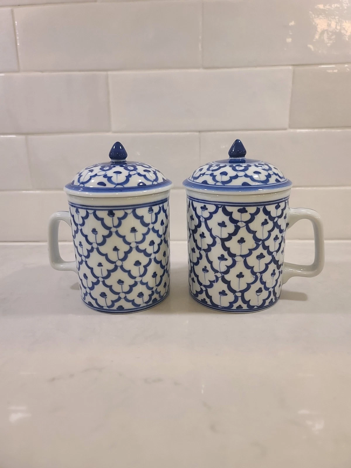 Chinese Thai Pattern Lidded Tea Mug Vintage 70’s Blue and White Ceramic Cups Set - Image 2