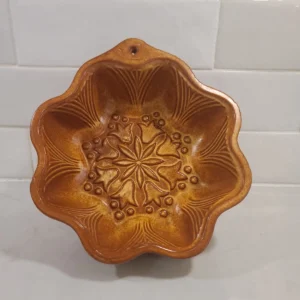 Vintage French Terracotta Cake Mold - Amber Glazed Earthenware Snowflake Floral