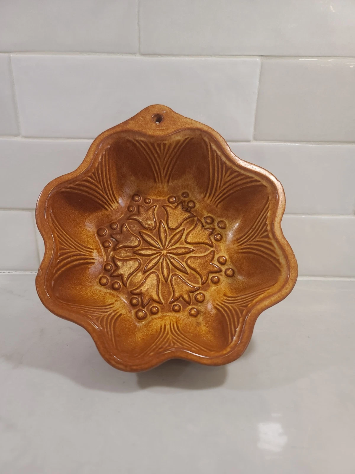 Vintage French Terracotta Cake Mold - Amber Glazed Earthenware Snowflake Floral