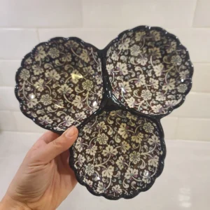 Authentic CHEZ GALIP Signed Triple Snack Bowl - Hand-Painted Turkish Ceramic