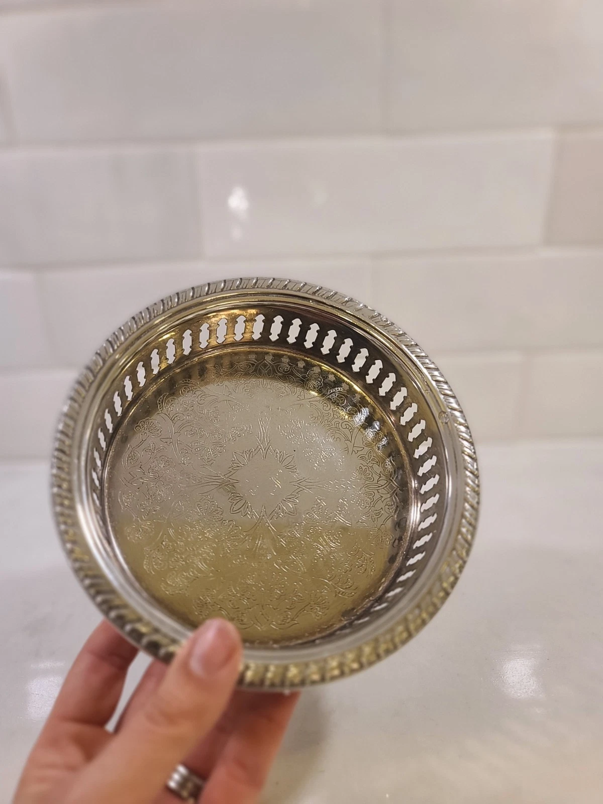 Vintage Silver Plate Round Gallery Bottle Coaster Pierced Filigree Monogram LS