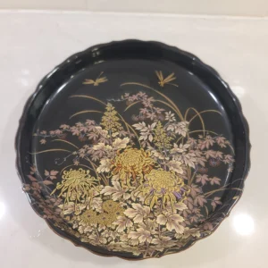 Tenmoku-Kiku Dish Shibata Scalloped Edges Dragonflies Black Porcelain Vintage