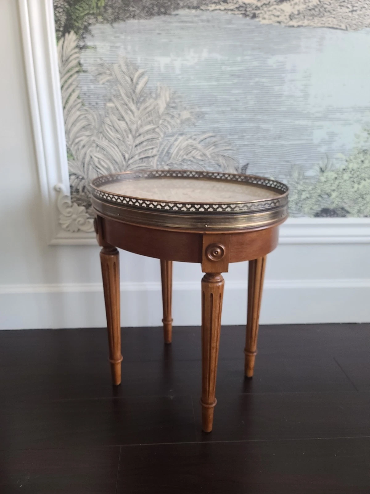 Vintage French Louis XVI Style Marble Top Side Tables Brass Gallery Hearts - Image 5