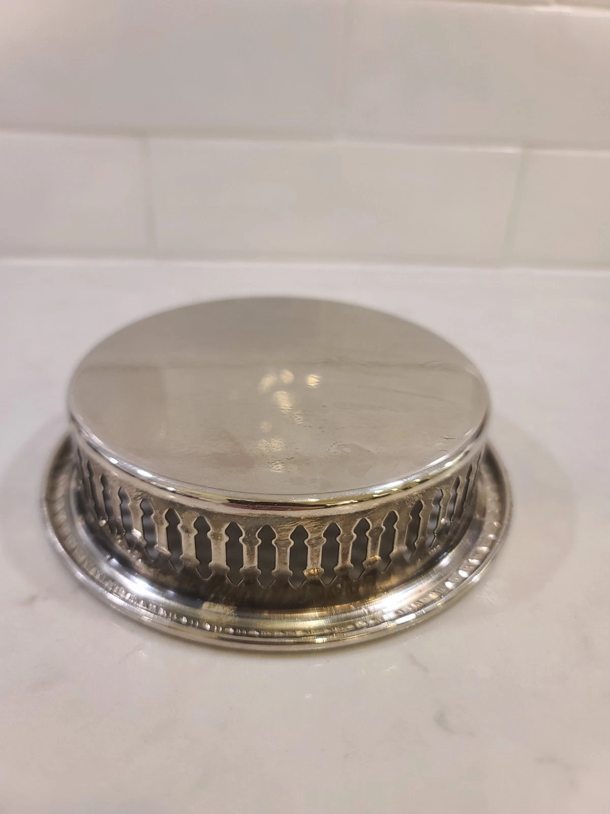 Vintage Silver Plate Round Gallery Bottle Coaster Pierced Filigree Monogram LS - Image 6