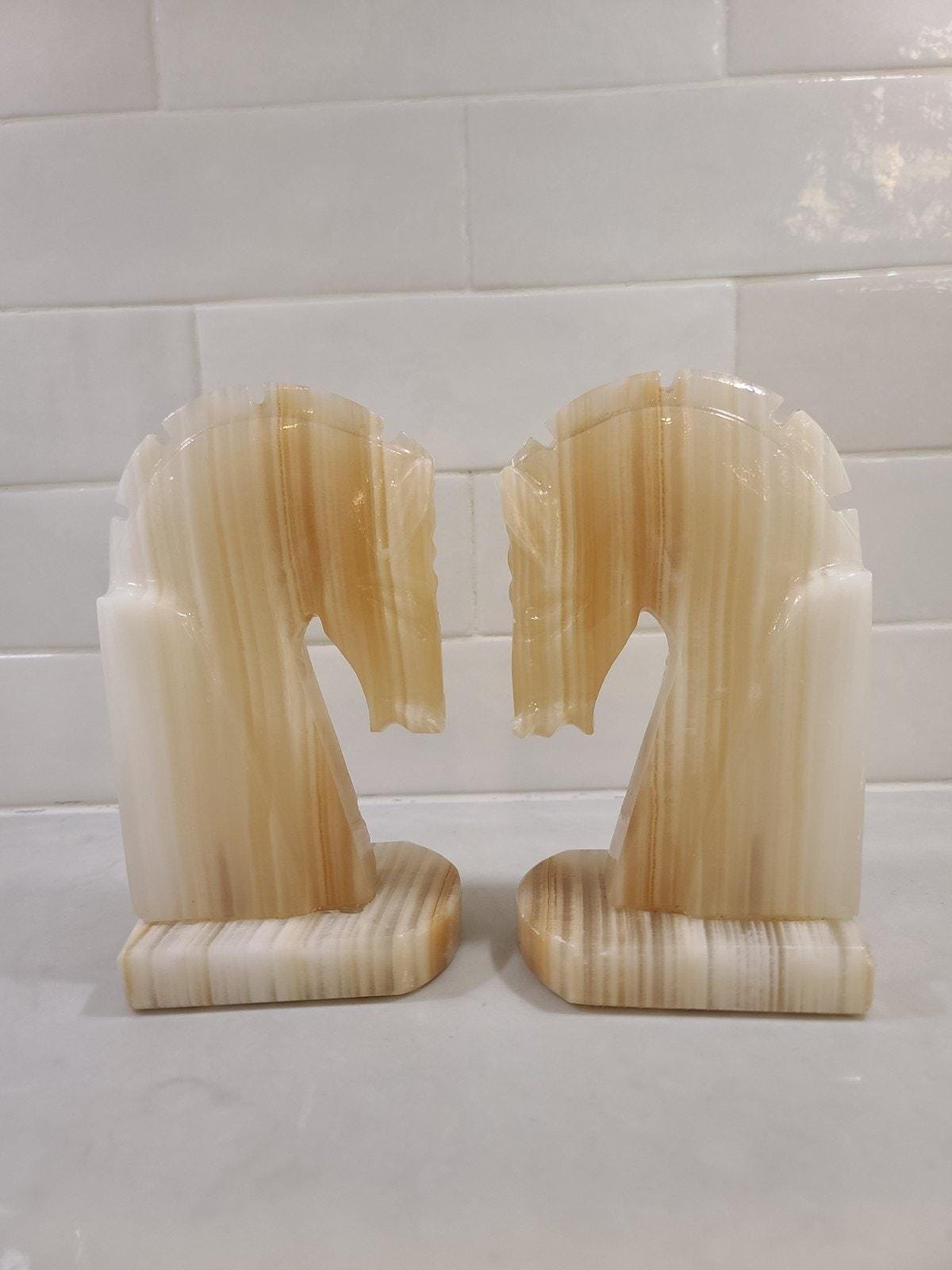 Vintage Onyx Horse Head Bookends - Hand Carved Mid Century Marble Stone Pair - Image 5