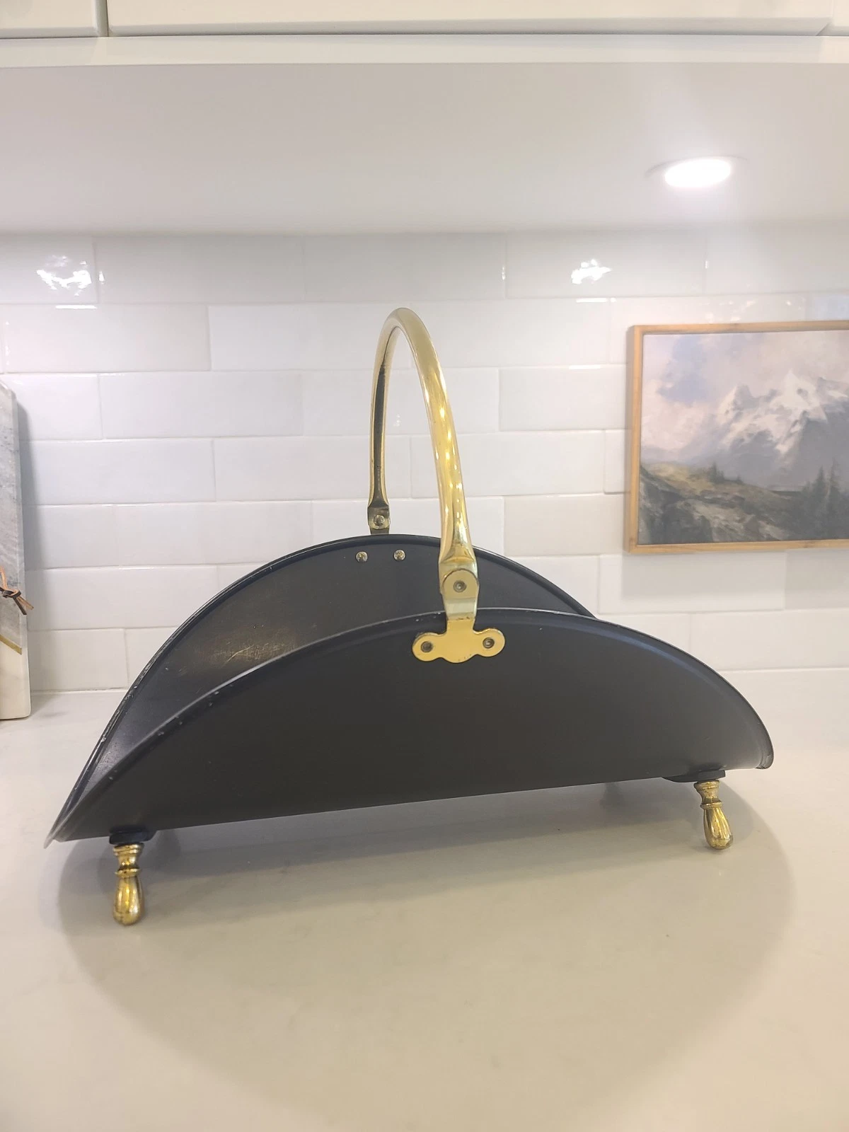 MCM Mid-Century Black and BRASS Log Firewood Holder Carrier Footed, 14” x 20” - Image 3