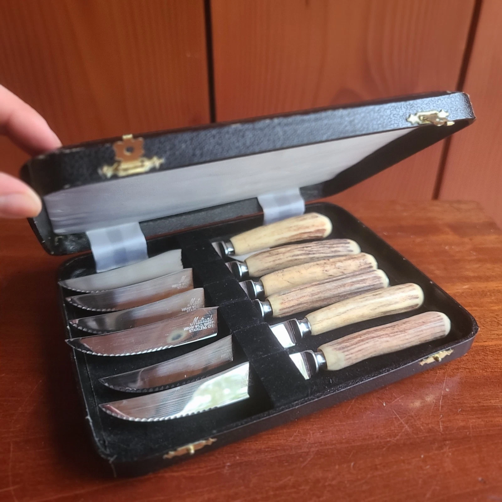Vintage Mutual Hiram Wild Sheffield Stag Horn Antler Steak Knife Set 6pc Box NOS - Image 9