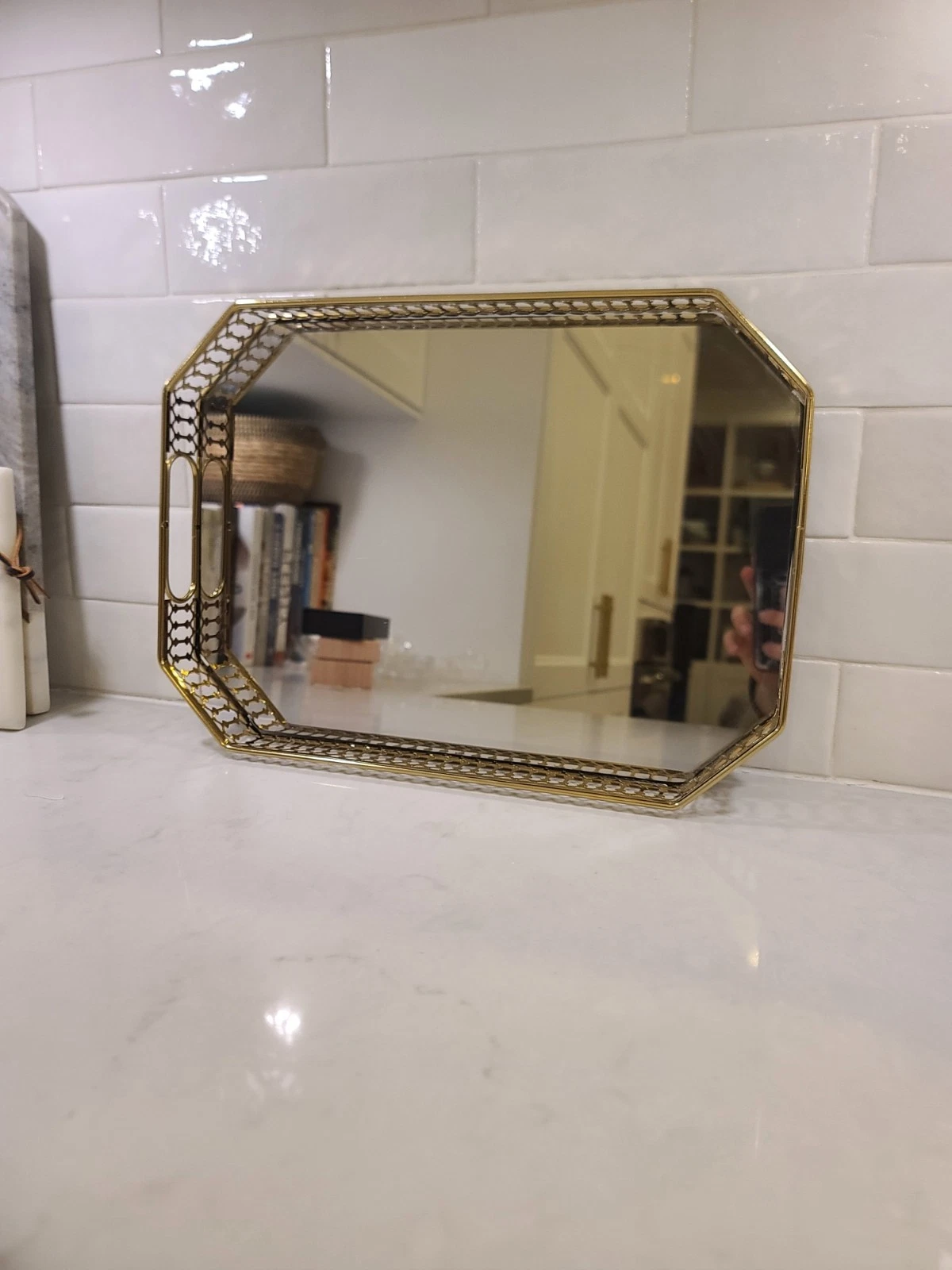 BRASS FINISH HEXAGON MIRRORED TRAY VANITY PERFUME CHIC LUXURY Gallery Display - Image 3