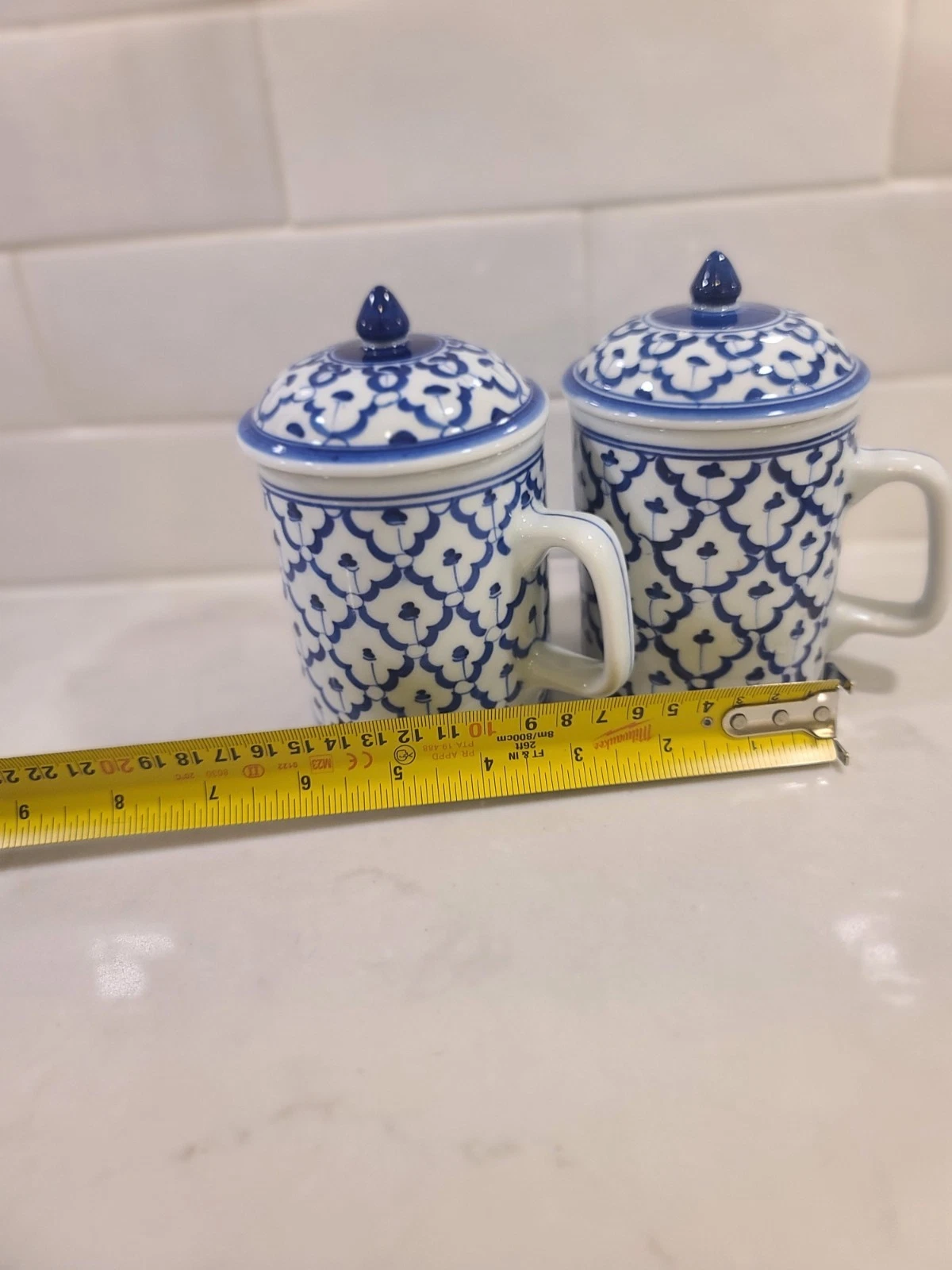 Chinese Thai Pattern Lidded Tea Mug Vintage 70’s Blue and White Ceramic Cups Set - Image 9