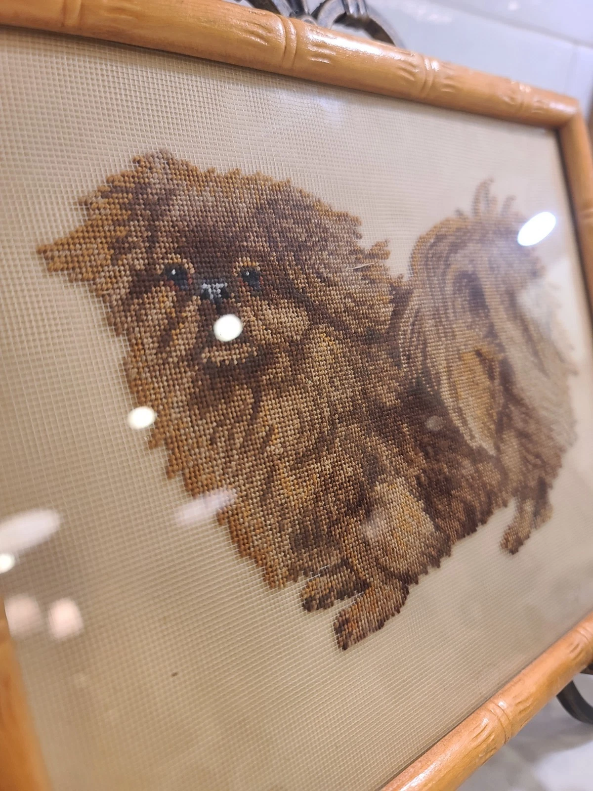 Vintage Pekingese Dog Needlepoint Framed in Bamboo Wood Embroidery Cross Stitch - Image 6
