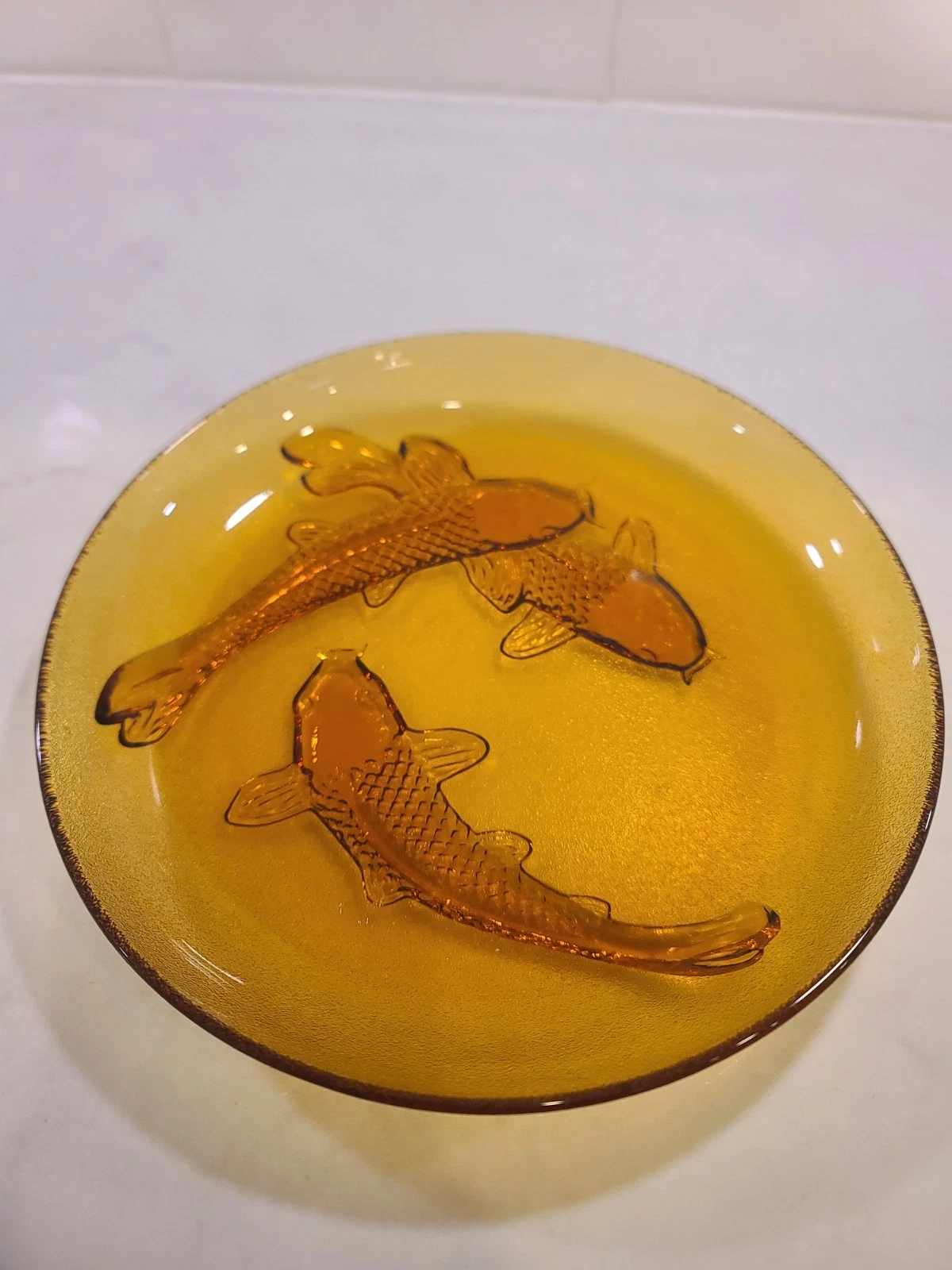 Vintage Amber Glass Koi Fish Dish / Plate – Pressed Glass, Made in Indonesia - Image 3