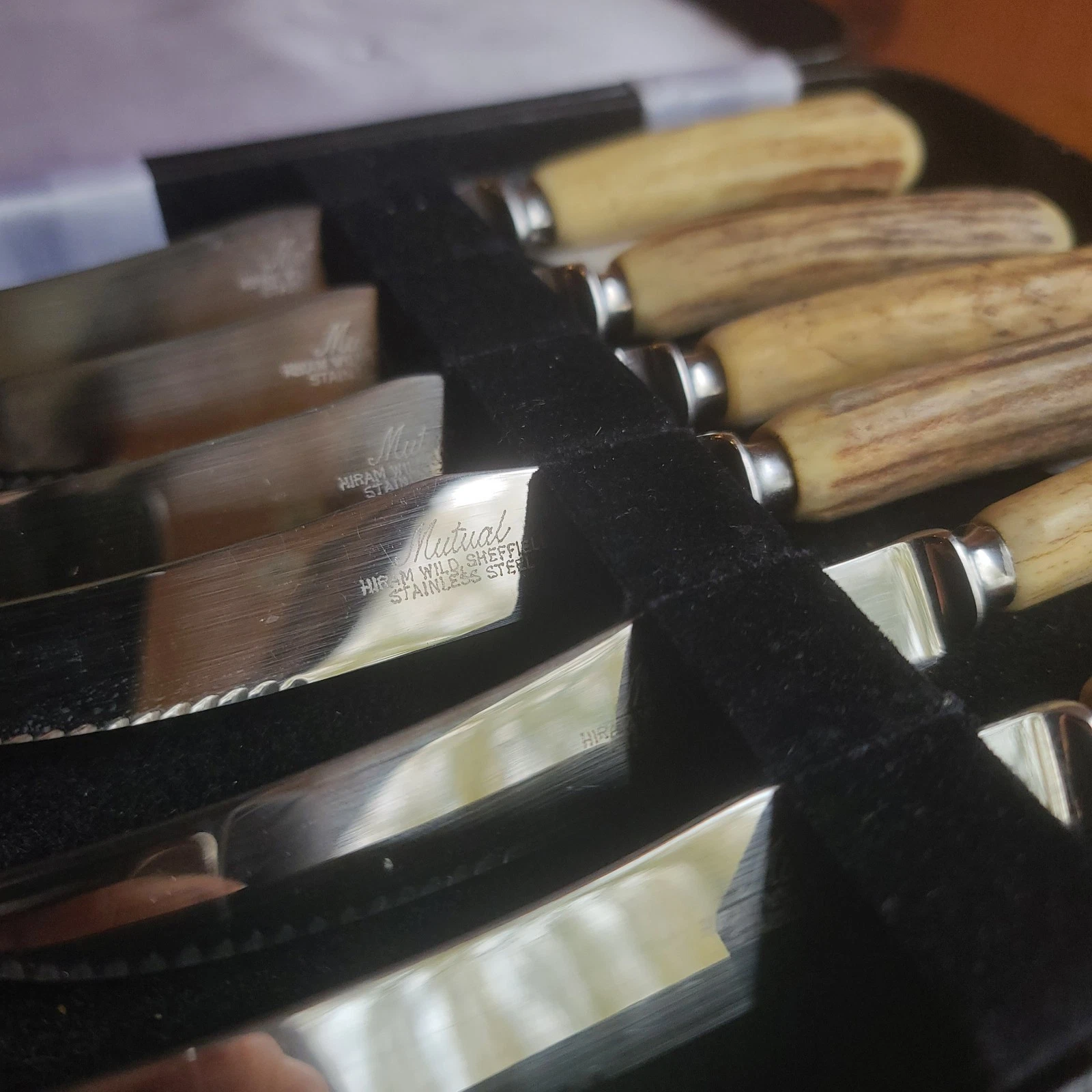 Vintage Mutual Hiram Wild Sheffield Stag Horn Antler Steak Knife Set 6pc Box NOS - Image 7