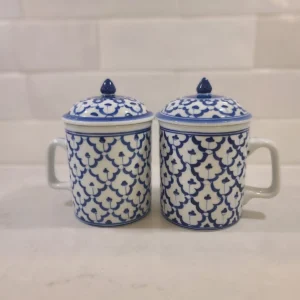 Chinese Thai Pattern Lidded Tea Mug Vintage 70’s Blue and White Ceramic Cups Set