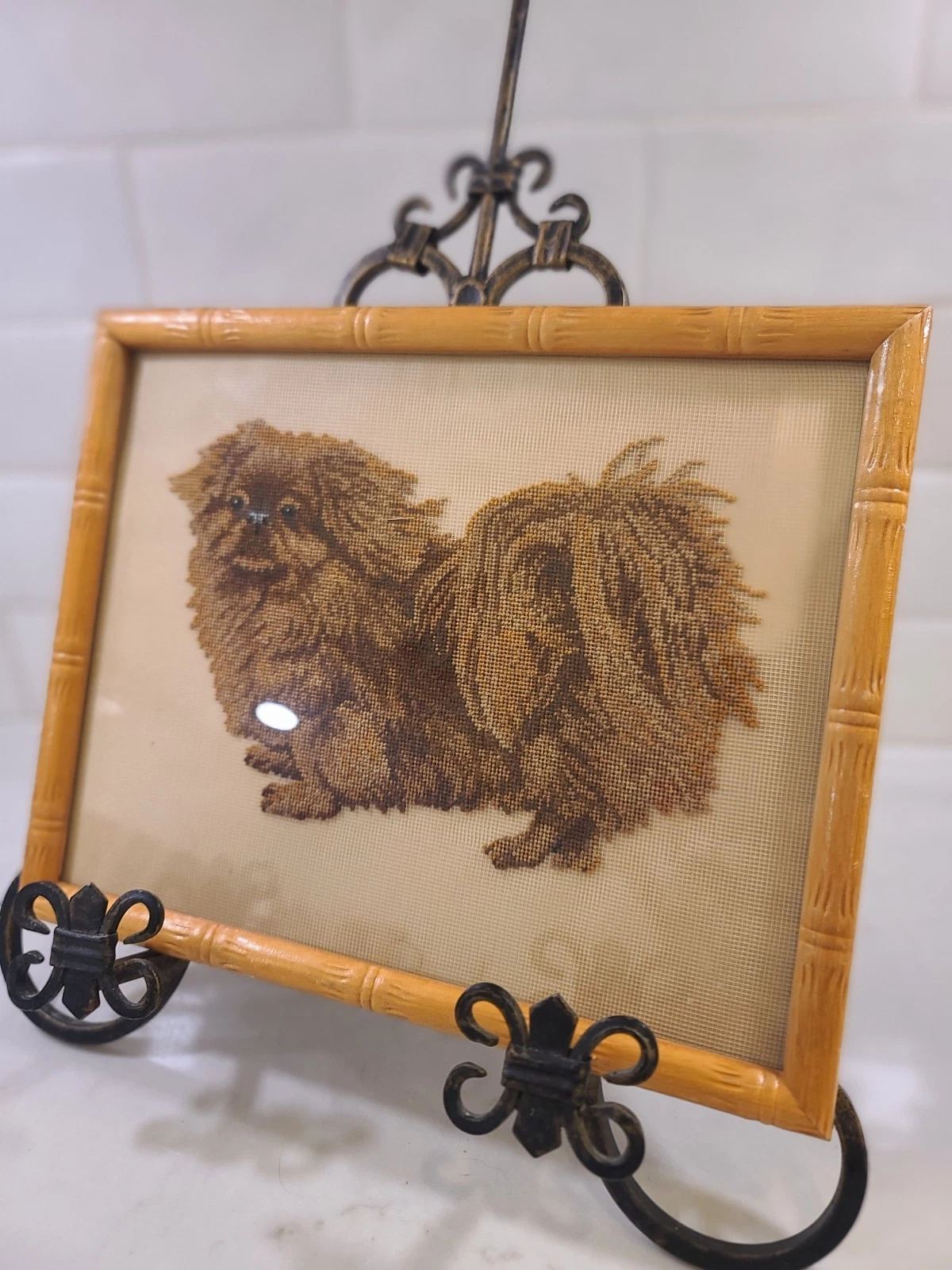 Vintage Pekingese Dog Needlepoint Framed in Bamboo Wood Embroidery Cross Stitch - Image 2