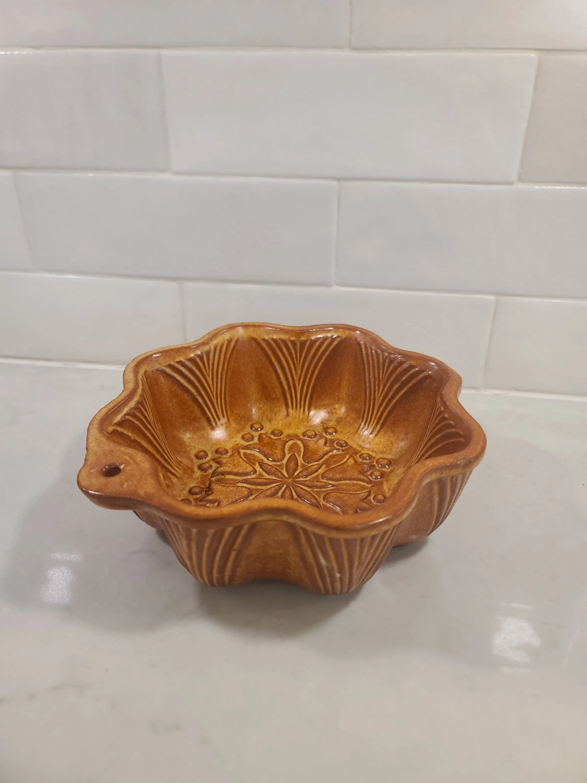 Vintage French Terracotta Cake Mold - Amber Glazed Earthenware Snowflake Floral - Image 3