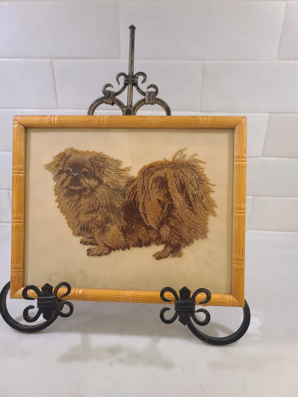 Vintage Pekingese Dog Needlepoint Framed in Bamboo Wood Embroidery Cross Stitch