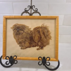 Vintage Pekingese Dog Needlepoint Framed in Bamboo Wood Embroidery Cross Stitch