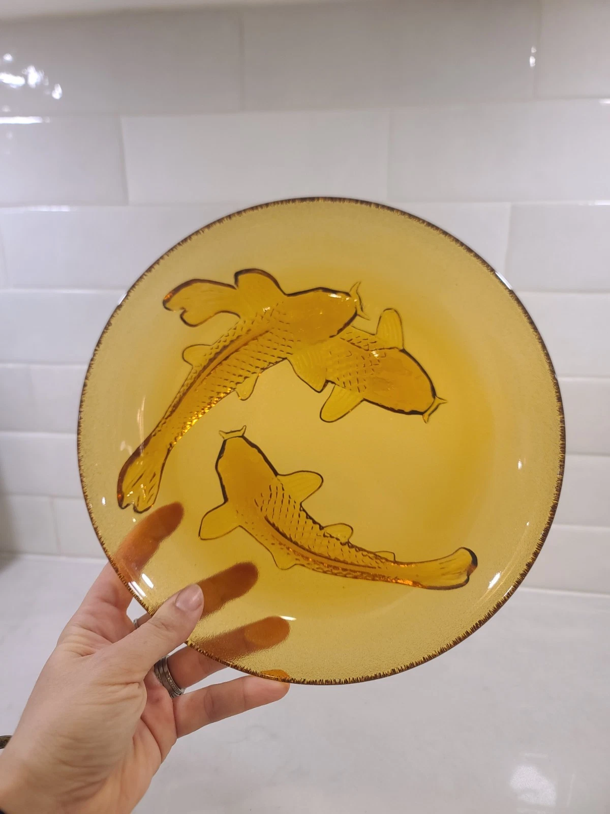 Vintage Amber Glass Koi Fish Dish / Plate – Pressed Glass, Made in Indonesia - Image 2