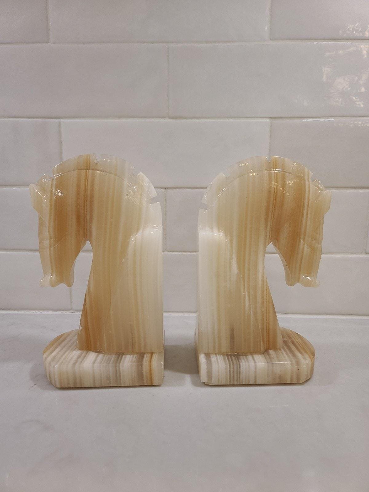 Vintage Onyx Horse Head Bookends - Hand Carved Mid Century Marble Stone Pair - Image 2