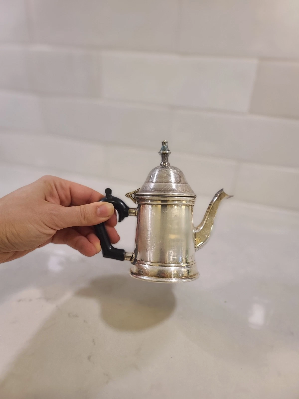 Silverplate Tiny Teapot Black Bakelite Handle Single Service Coffee Pot