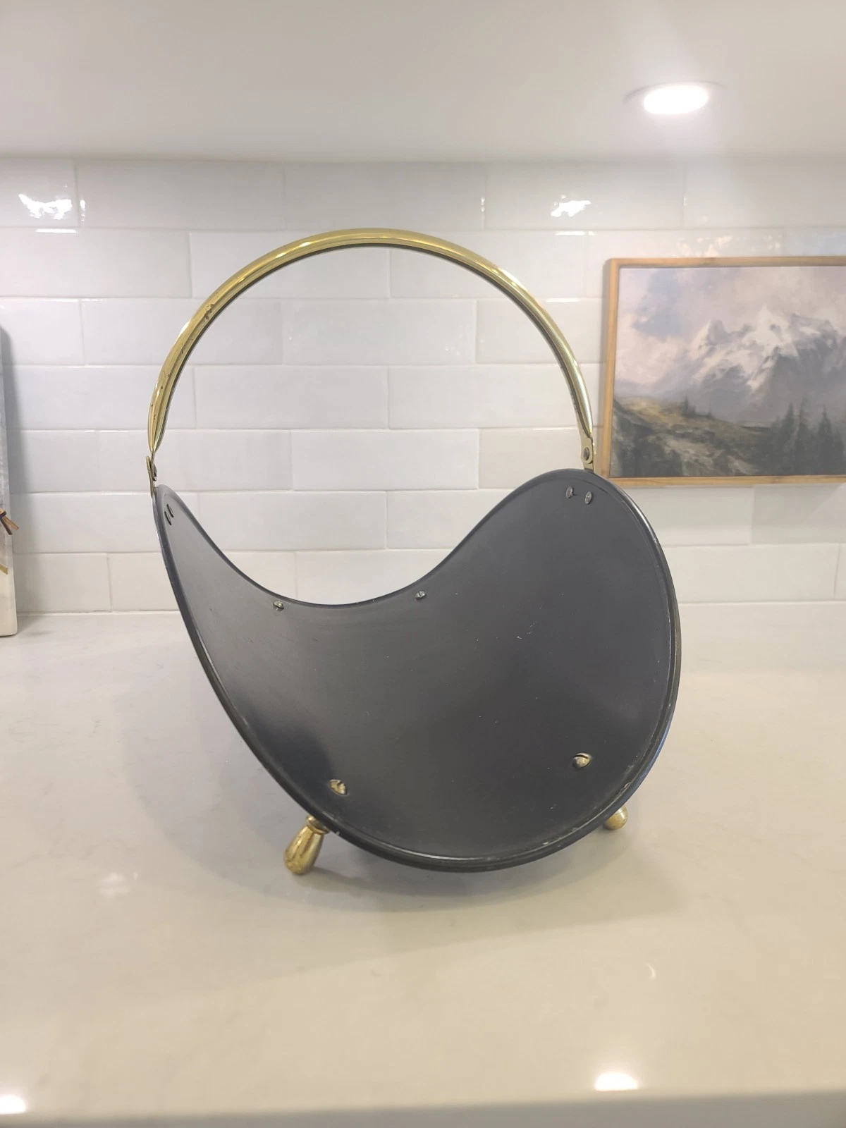 MCM Mid-Century Black and BRASS Log Firewood Holder Carrier Footed, 14” x 20” - Image 5