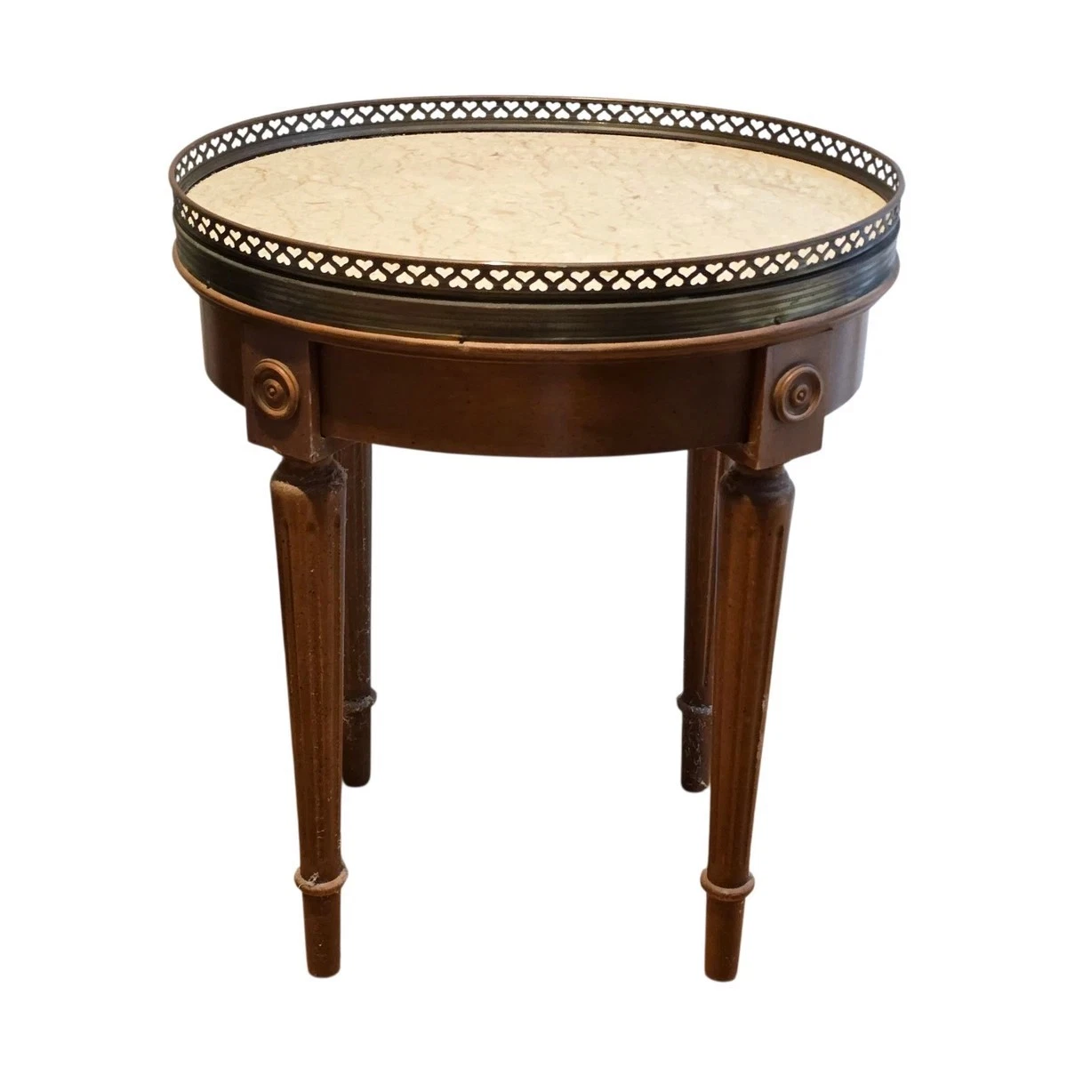Vintage French Louis XVI Style Marble Top Side Tables Brass Gallery Hearts