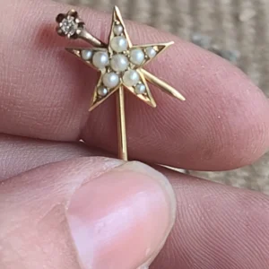 Antique Victorian 14K Gold Pearl & Diamond Starburst Stick Pin – Celestial Star