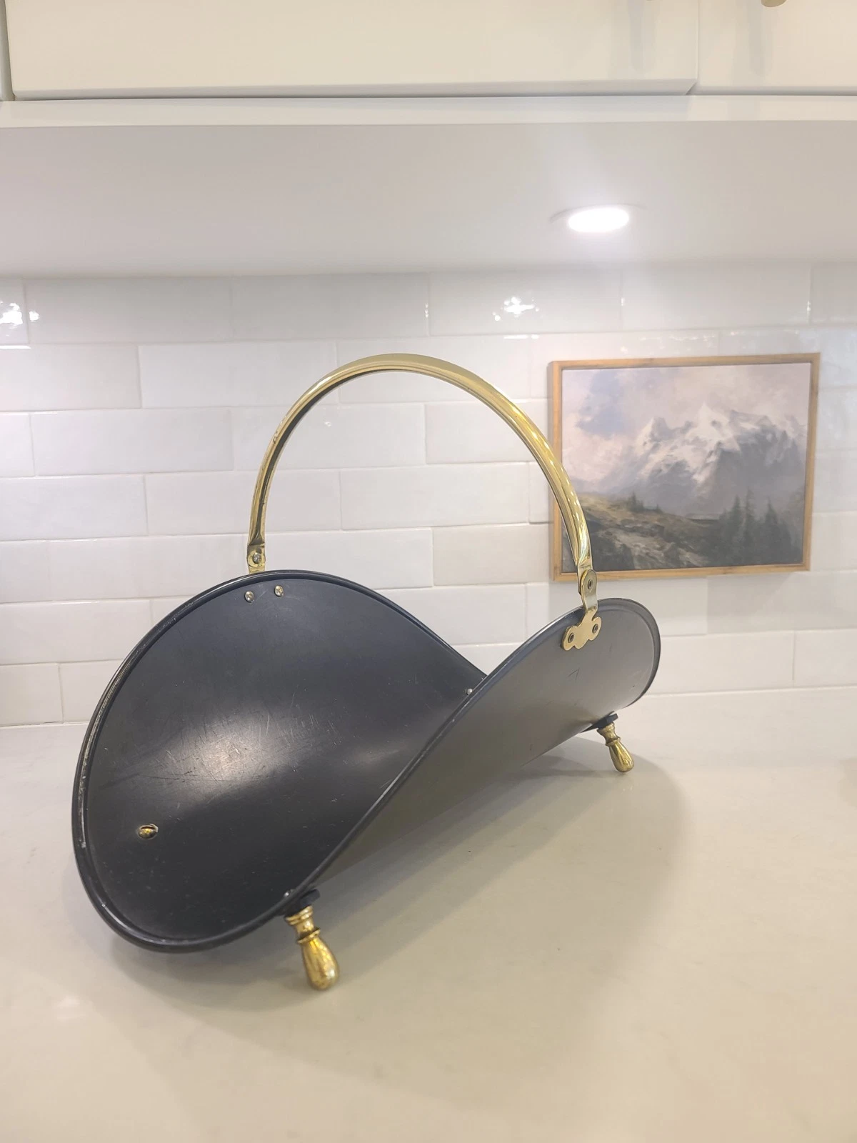 MCM Mid-Century Black and BRASS Log Firewood Holder Carrier Footed, 14” x 20” - Image 4