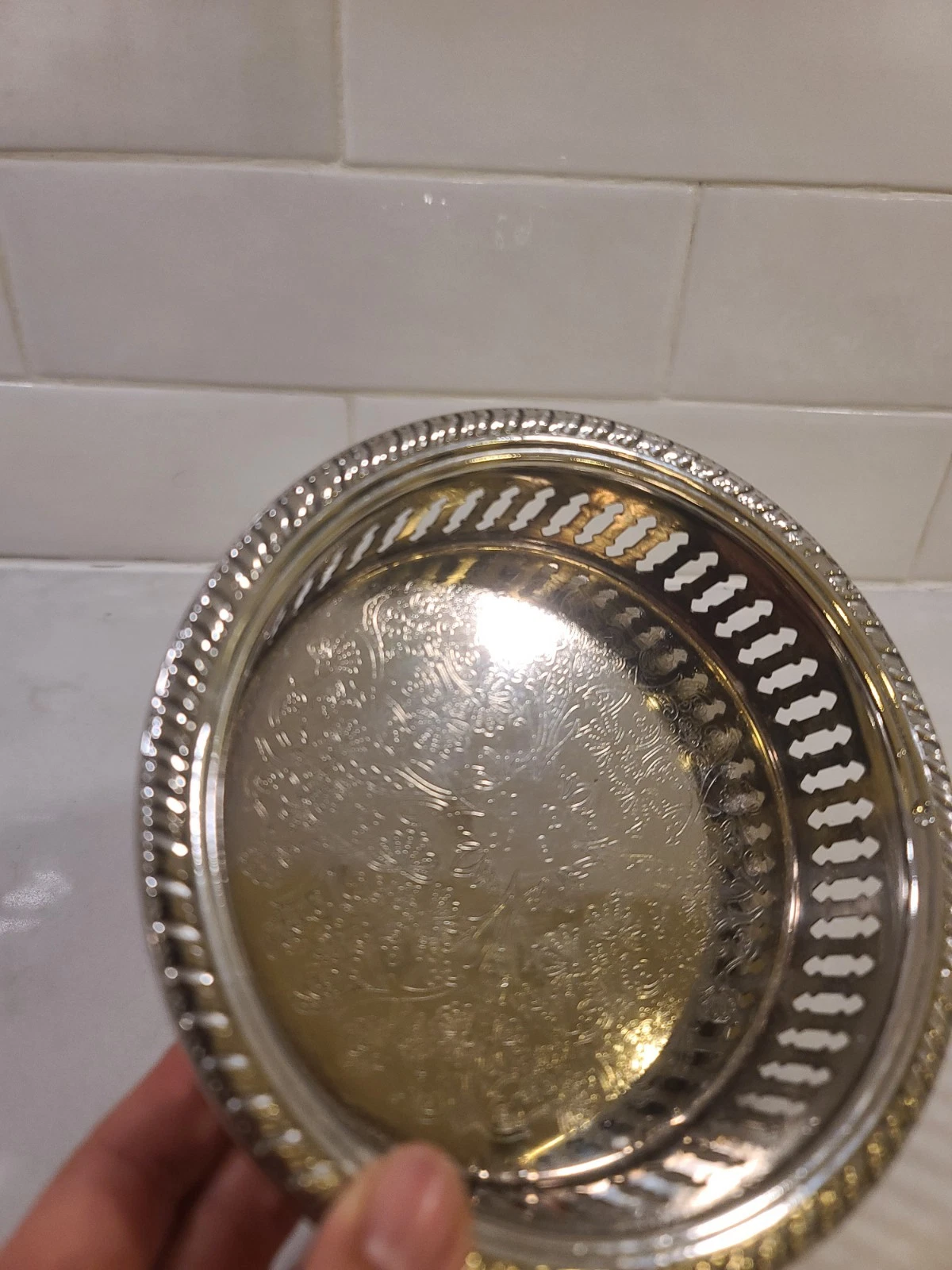 Vintage Silver Plate Round Gallery Bottle Coaster Pierced Filigree Monogram LS - Image 4