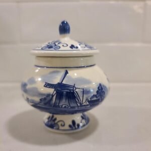 auth vtg delft blue holland hand-painted sugar bowl trinket jar box urn 3.5”