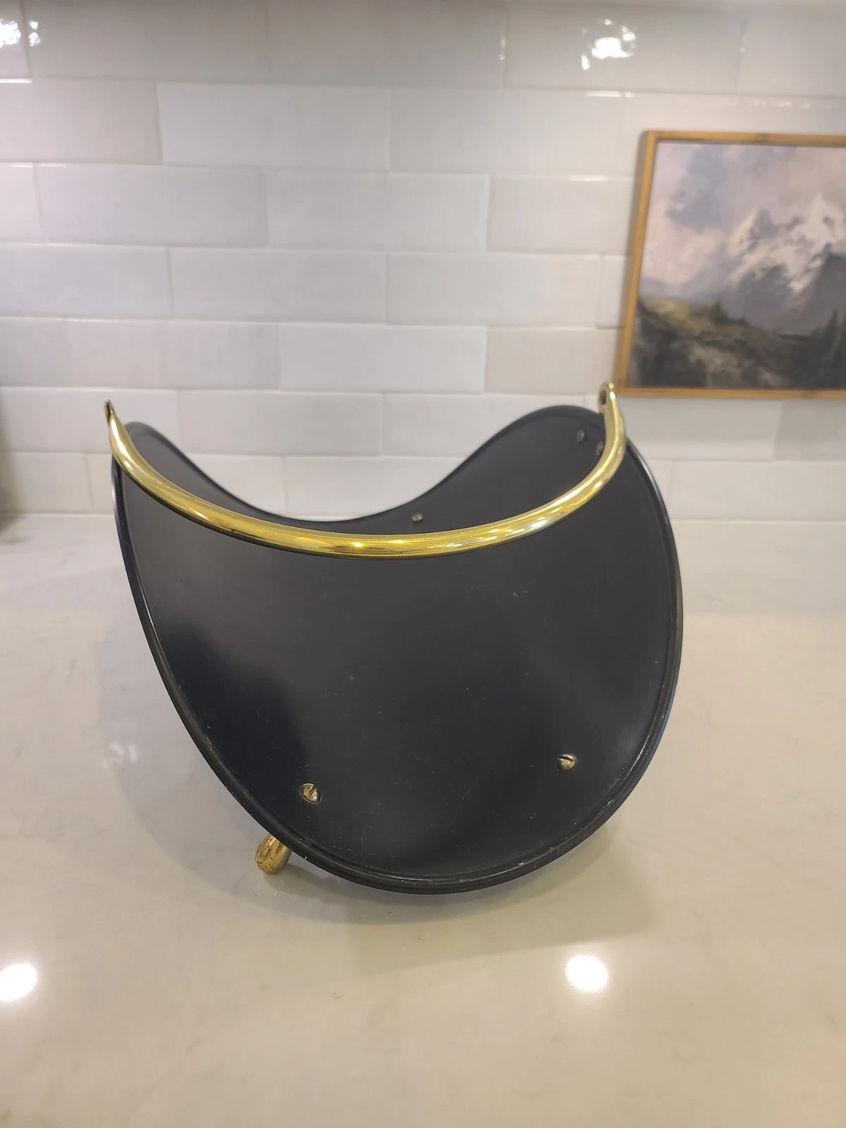 MCM Mid-Century Black and BRASS Log Firewood Holder Carrier Footed, 14” x 20” - Image 6